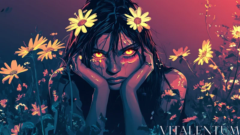 Brooding wildfire girl crowned in dusk-bright daisies.