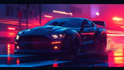 Black sports coupe on wet city street under neon lights.