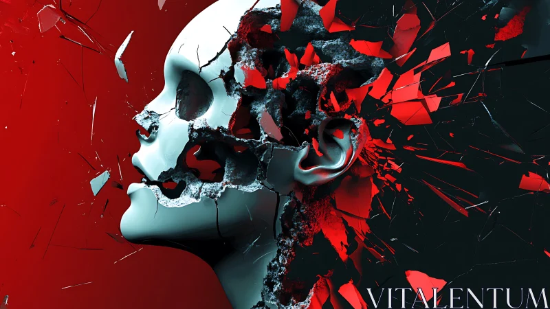 Fragmented 3D head explodes into angular red shards and debris