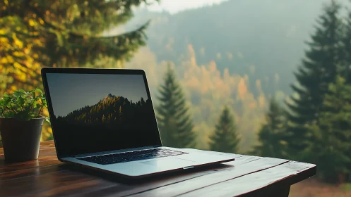 Laptop workstation on rustic table in misty forest setting.