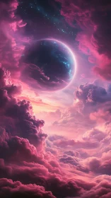 Celestial planet emerging within electric pink nebula clouds.