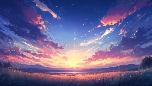 Sunset sky ignites over tranquil lakeside grassland field.