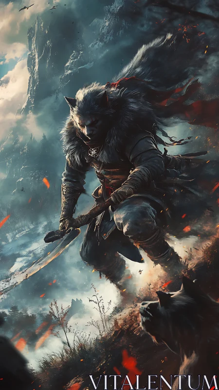 Wolf warrior strides through burning mountain pass