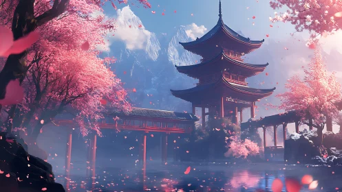 Multi-tiered pagoda stands by water amid dense cherry trees