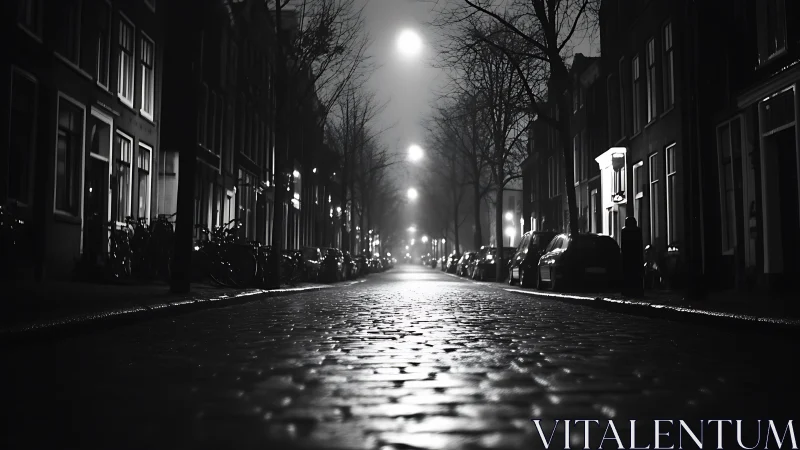 Moonlit cobblestone hush on a rain-slicked city street.