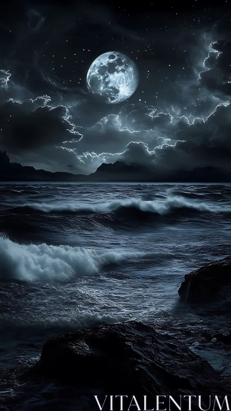 Moonlit tempest above midnight ocean swells and rocks.