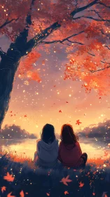 Autumn starglow over quiet friends by the shimmering lake.