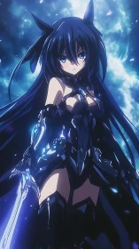 Armored blue-haired anime swordswoman in luminous astral storm