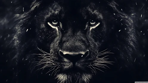 Monochrome lion portrait with high-contrast optical detailing.