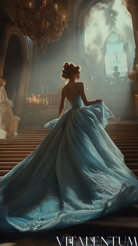 Ballroom princess ascending grand staircase in blue gown.