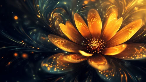 Luminescent golden flower rendered in swirling cosmic bloom.