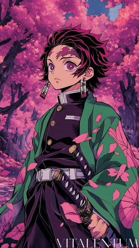 Gentle anime swordsman under dreamy pink blossoms.
