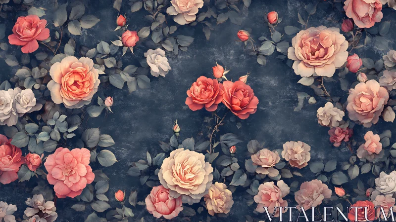 Vintage Roses Bloom Against Textured Dark Slate