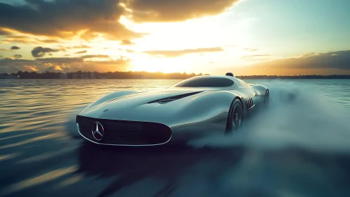 Futuristic silver supercar skims water under blazing sunset