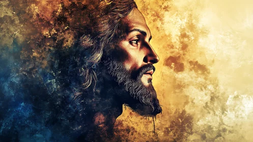 Chromatic side-profile portrait with textured luminous field.