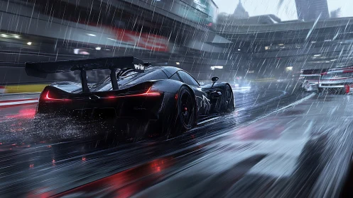 Sleek race car slices through a neon wet track in heavy rain