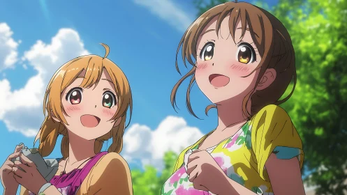 Two anime girls outdoors under blue sky with clouds.