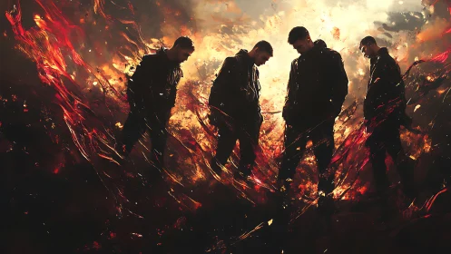 Dark silhouettes against abstract fiery background.