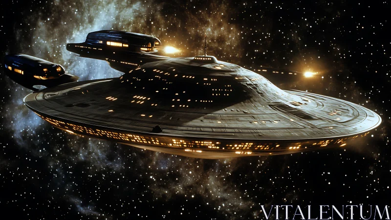 Large disc-shaped starship with lit hull in deep space.