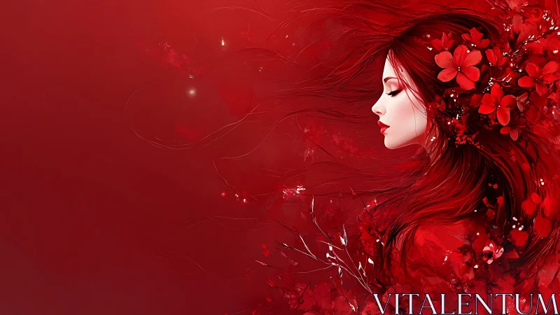 Elegant woman with flowing red hair amid vibrant crimson flowers