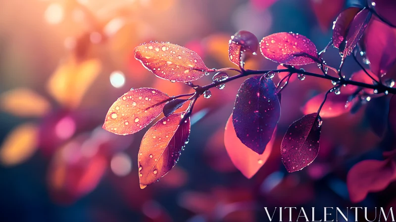 Dewlit crimson leaves glow through soft bokeh sunrise haze.