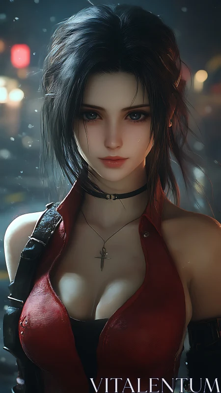 Neon rain heroine with ember eyes in midnight crossroads.