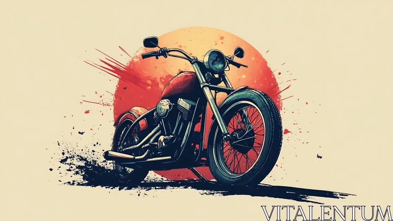 Custom motorcycle stands bold against a splattered sunset circle
