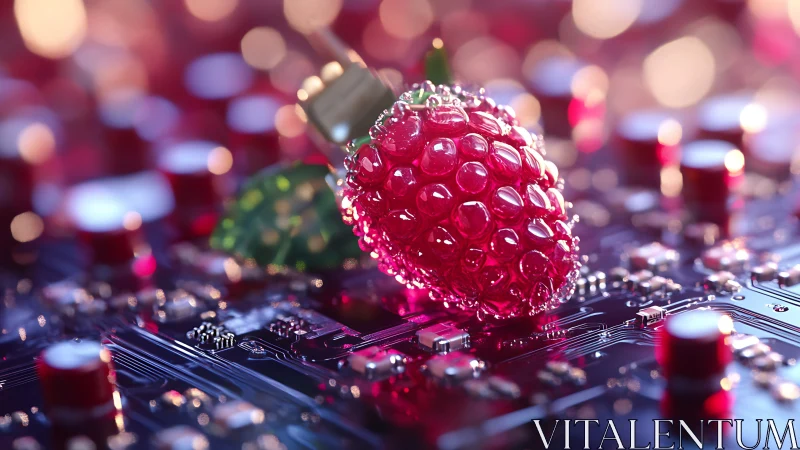 Glowing raspberry USB device on luminous circuit board surface.