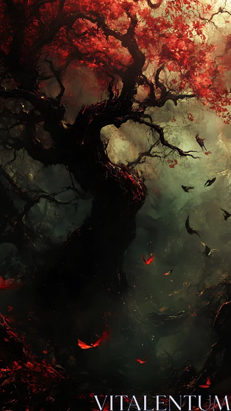 Bloodlit twisted tree above a shadowed infernal ravine.