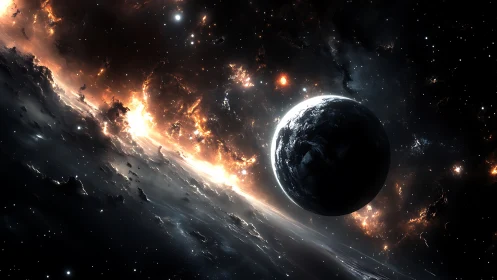 Dark exoplanet intersects a luminous nebular shockwave in space