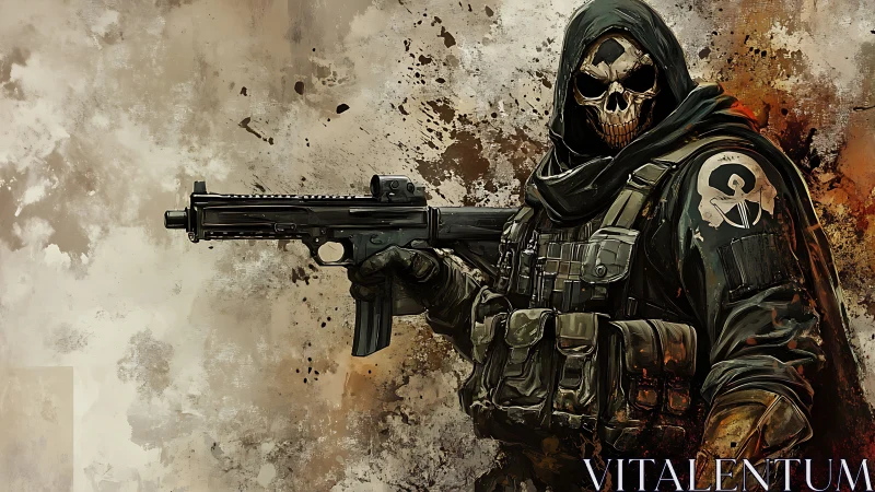 Skull masked soldier with rifle in gritty combat artwork.