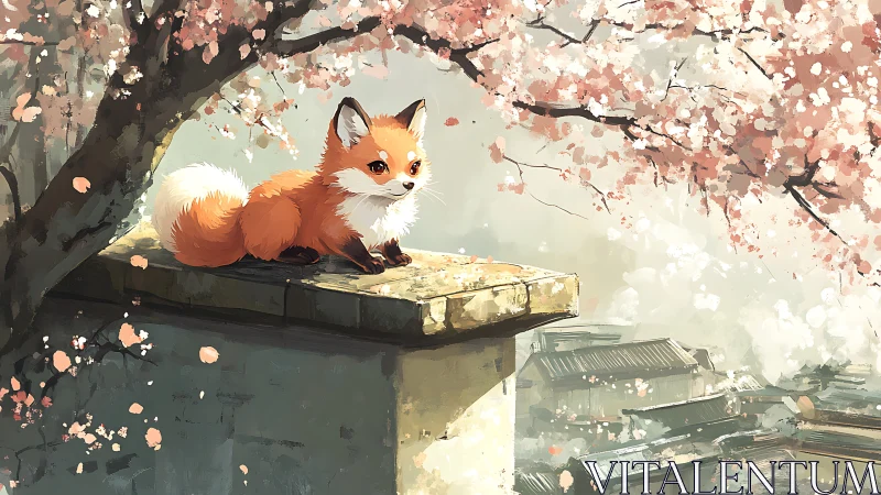 Digital painting of fox on rooftop ledge amid cherry blossoms.