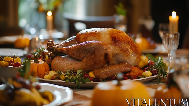 Golden holiday turkey surrounded by cozy candlelit warmth.