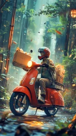 Courier on red scooter in lush rainy city alleyway.