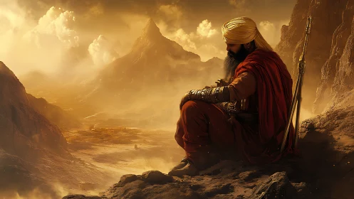 Desert sentinel monk brooding above ember-hazed valley.