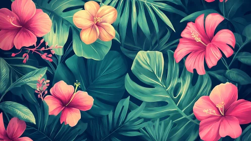 Vibrant Tropical Hibiscus Garden with Layered Foliage and Digital Rendering.
