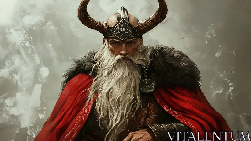 Elderly horned warrior in fur cloak and red mantle.