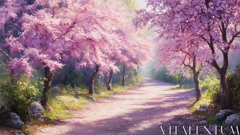 Blossom-laden woodland path drifting into pastel daylight.