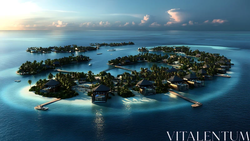 Tropical Island Resort Archipelago with Overwater Bungalows at Sunset.