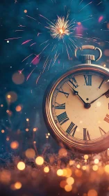 Vintage pocket watch with fireworks and warm bokeh glow.