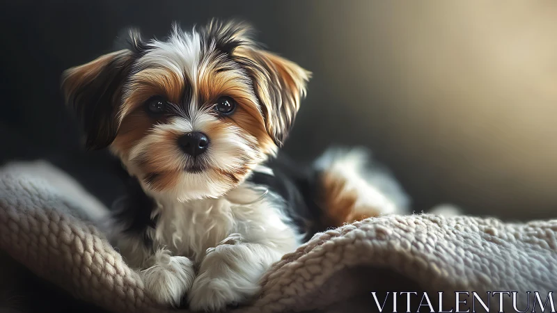 Small tricolor puppy rests on soft textured blanket