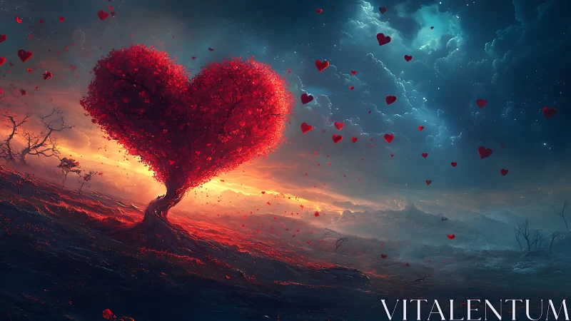 Heart-Shaped Tree Erupts with Luminous Particle Cascade Against Dual Sky.