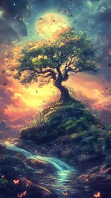 Moonlit tree stands on hill above stream in stylized landscape