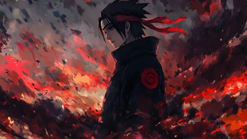 Solitary shinobi figure amid abstract red and dark forms.