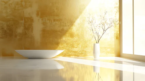 Sunlit gold wall and quiet white decor in serene stillness.
