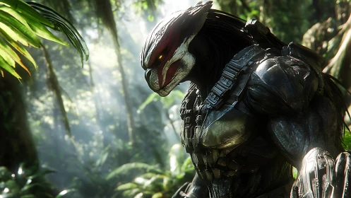 Armored alien predator rendered in tropical jungle light field.