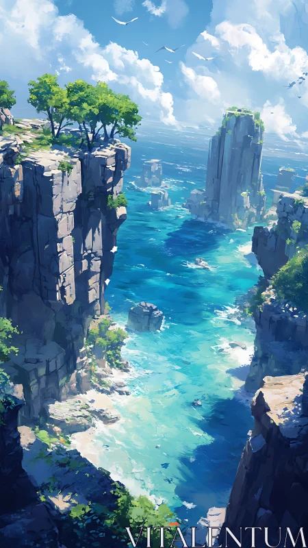 Elevated Geological Formations with Stratified Oceanic Channel and Clear Atmospheric Depth