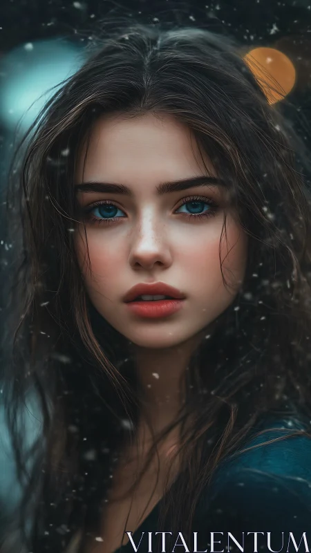 Snowlit gaze of a blue eyed girl in a quiet winter storm.