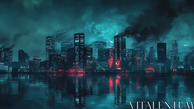Nocturnal megacity skyline emits cyan haze and red thermal flares
