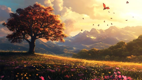 Solitary tree in sunset meadow with distant mountain range.